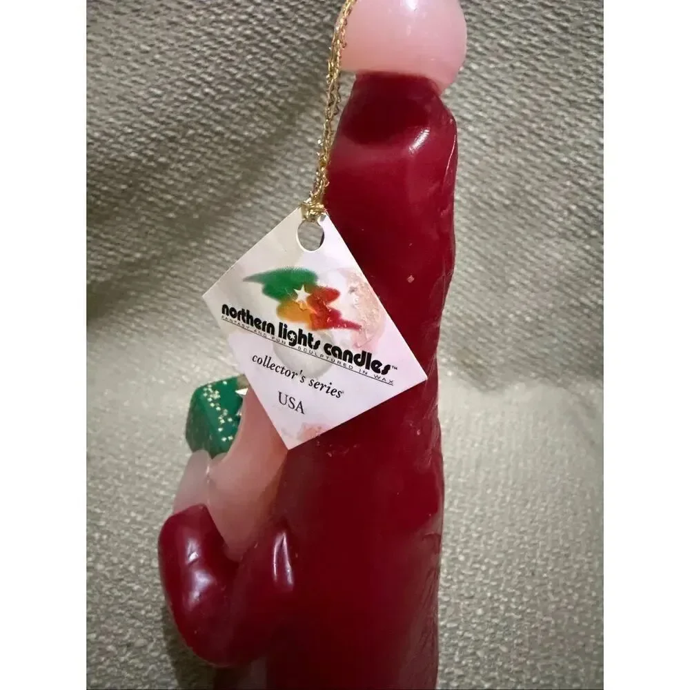 Vintage Northern Lights Candle Santa Gnome Holding Glitter Green Present Gift 7”